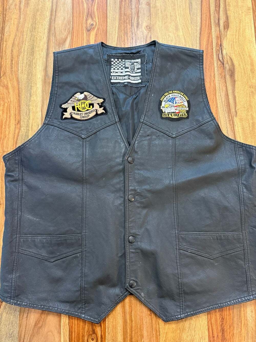 Extreme Biker Vintage Black Leather Motorcycle Vest Size 50 Harley Patch